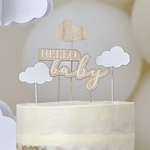 Kuchen-Stecker HELLO BABY & Wolken Kuchen-Stecker Torten-Aufsatz aus Holz Kuchen-Deko Cake Topper Baby-Party Gender Reveal Geburt Mädchen & Junge Tisch-Dekoration Deko Accessoires Gebäck 4 Teile