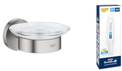 GROHE Start QuickFix Soap Dish with Holder & QuickGlue A1 (Metal and Glass, Concealed Fastening, Including Screws and Dowels, Easy to Fit), Size 125 x 58, Stainless Steel Look, 41193DC0