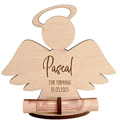 Personalisiertes Geldgeschenk Firmung | Gravierter Engel aus Holz zum Geld verschenken und verpacken mit Namen | Firmgeschenk für Kinder Mädchen Jungen
