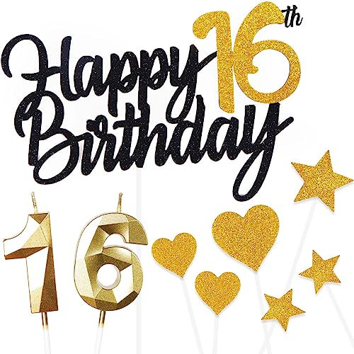 Personalised Black Gold Happy 16th Birthday Cake Topper with Gold Number 16 Birthday Candles,Heart Sarts Cupcake Toppers Cake Decorations Set for Girls Boys Kids 16th Birthday Anniversary - Pack of 9