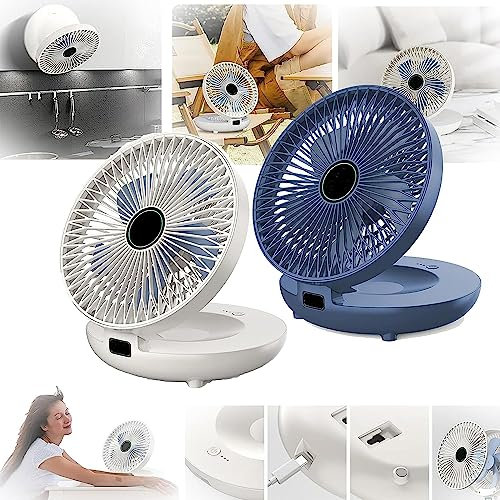 COKEEY Household Dual Purpose Kitchen Fan, USB Rechargeable Wall Hanging Fan, Small Desk Fans, 3 Speed Foldable Desk Wall Mount Fans for Bedroom,Office, Kitchen,Yoga (Blue+White)