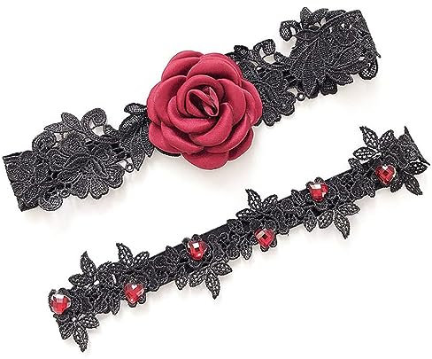lyxdhyg Wedding Garters for Bride, Lace Bridal Garter Set, Women's Red Rose Garter Belt, Wedding Bridal Garter Prom Garter Bridal Accessories Lingerie Leg Garter Belts (Black)
