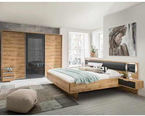 Lomadox Schlafzimmer-Set mit 180x200 cm Doppelbett & 273 cm Schwebetürenschrank, 2-teilig, mit Glasschwebetür, Kopfteilpolster & beleuchteten Glaspaneelen