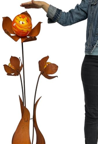 Terma XXL Blume Juna 110 cm mit Glaskugel Gartenstecker, Gartenfigur groß, Metallfigur Garten,