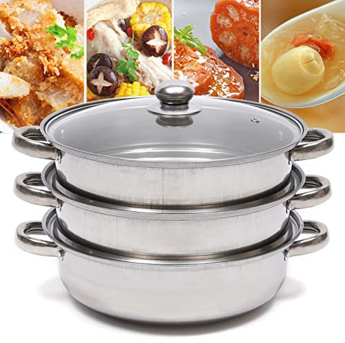 Pentola a vapore impilabile a 3 strati, 28 cm, in acciaio inox, per cucina, cottura a induzione, con copertura in vetro, durevole, antiruggine, rotonda, argento