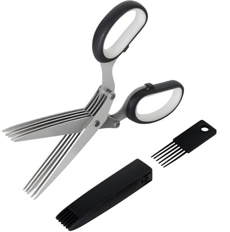 GEEKHOM Herb Scissors, Kitchen Herb Shears 5 Stainless Steel Blades Cutter Sharp Cooking Scissors with Safety Cover and Cleaning Comb for Chopping Chive Onion Cilantro Vegetables, Black