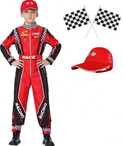 KUKIKUKI Disfraz de Conductor de Coche de Carreras para Niños Mono de Carrero con Gorra de Coche para Niños Disfraz para Halloween