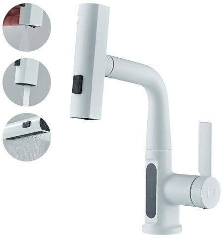 JUNSHENG Miscelatore da Cucina con Doccetta Estraibile, Indicatore di Temperatura a LED, Monocomando Girevole a 360° (Bianco)