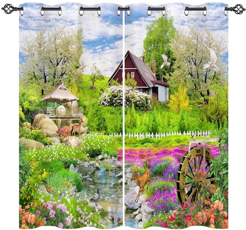 ANHOPE Natur Garten Haus Hirsch Gardinen Blickdichte Thermo Vorhänge mit Ösen Weich Vorhang Blackout Curtain Wohnzimmer Schlafzimmer Verdunklungsvorhänge 2er Set H 138 x B 117 cm