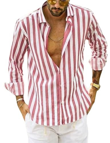 Thuella Men's Casual Cotton Shirt Long Sleeve Button-Up Striped Dress Shirts