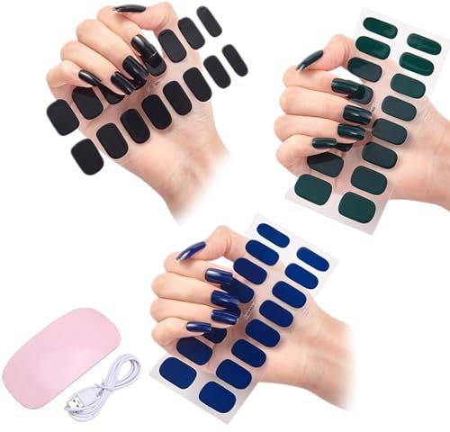 Gel Nail Stickers with Light Kit, Gel Nail Stickers,DIY Gel Nail Stickers Kit,Semi Cured Gel Nails,Gel Nail Stickers Set (D,3PCS)