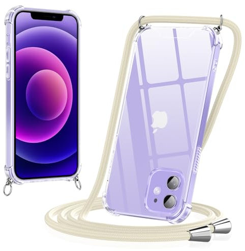 Yoedge Handykette für iPhone 12 / iPhone 12 Pro Hülle mit Band, Necklace Handyhülle mit Kette und Abnehmbar Kordel zum Umhängen, Stoßfeste Bumper Transparent Schutzhülle Case 6,1 Zoll, Beige