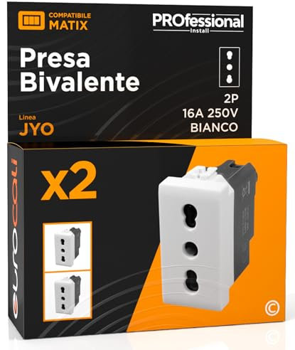 Toma eléctrica italiana 2P + T bivalente 10/16 A 250 V toma de corriente bipaso estándar de pared color blanco frutos compatibles con Bticino Matix Serie Civil 518B – Paquete de 2