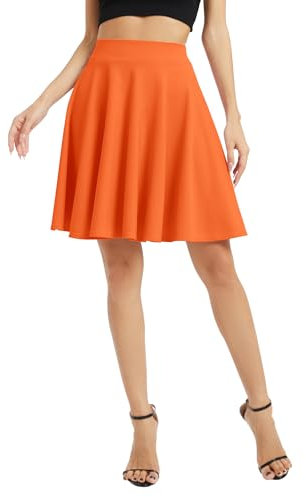 Damen Elegante Elastische Taille Ausgestellte A-Linie Midi Rock Basic Uniform Plissee Skater Röcke(S, Orange)