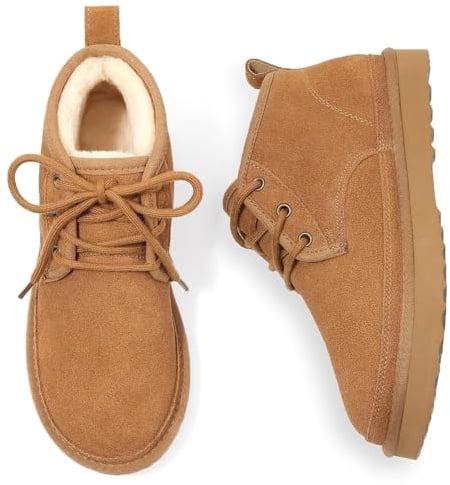 Litfun Fur Lined Ankle Boots for Women Genuine Suede Mini Booties Short Lace Up Snow Boots, Chestnut 39 (size 8-8.5)