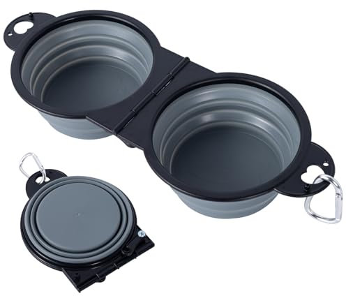 SLSON Collapsible Dog Bowls Foldable Dog Dual Bowl Travel Water and Food Bowls,Sturdy Reinforced Rim Portable Pet Feeder Cat Bowl for Walking Hiking Outdoors (light gray)