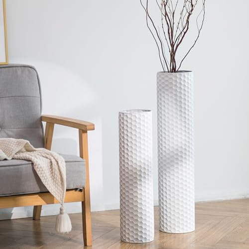 Sziqiqi Bodenvase Groß Weiß Vintage: 70/55 cm Hoch Vase Große Set of 2 - Metall Zylinder Bodenvasen Standvase für Boden für Wohnzimmer Esszimmer Schlafzimmer Corner Flur Büro
