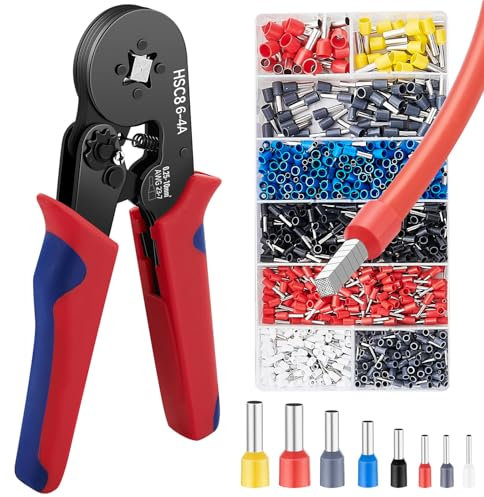 GOOPOOL Pinza Crimpatrice Capicorda con 1200pcs Cavo Connettori, Pinza per Terminali per Crimpare 0,25-10 mm²,Strumenti di Crimpatura Pinza a Quattro Lati per Cavi a Cricchetto Autoregolabile AWG 23-7