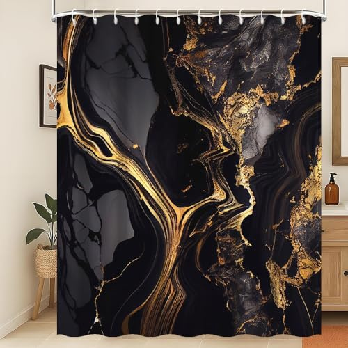Xiaoterna Marmor Duschvorhang Abstrakt Schwarz Goldener Marmor Badezimmer Vorhang Goldener Puder Glitzernder Moderner Luxuriöser Marmor Duschvorhang Maschinenwaschbar Wasserdichter Stoff 105x160cm