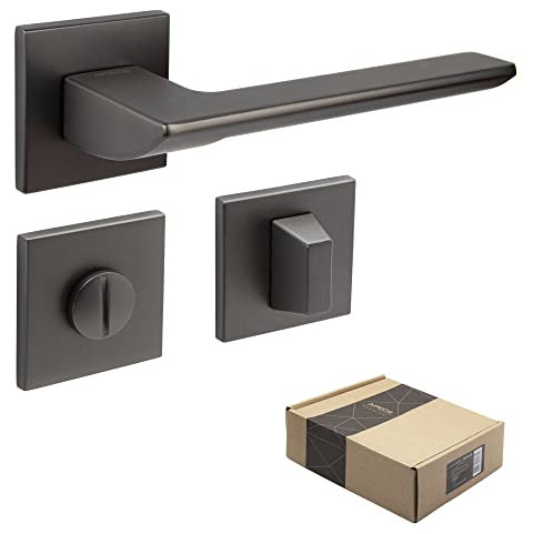 APECS Türgriffe innentüren Modern Türklinke für Haustür und Innentür mit quadratisch Rosetten Türgriff graphit matt Drückergarnitur mit Befestigungsmaterial Türbeschlag Modell ELECTRA WC - Badezimmer