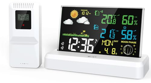 Stazione Meteo per interni esterni senza fili, termometro igrometro barometro interno esterno con ora, data,fase luna,allarme e snooze, stazione meteo wireless (white)