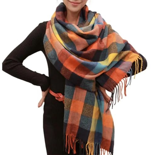 YUECIBAI Damen-Schal Mit Buntem Karo-Print, Quaste Trimm, Elegant Lang Warmer Schal, Zubehör Orange