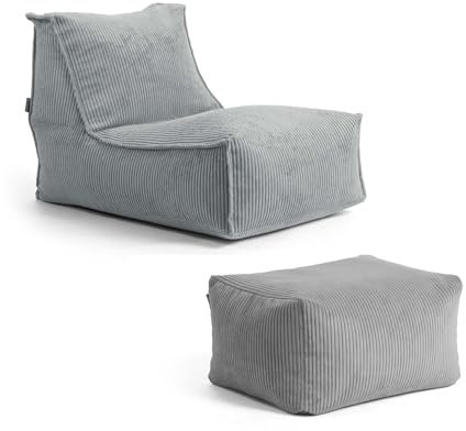 mokebo Sitzsack mit Hocker aus Cord 'Der Gelassene', Bean Bag, Relaxliege oder Bodenkissen mit EPS-Perlen Füllung, kuschelige und gemütliche Liege für Wohnzimmer und Wintergarten in Grau