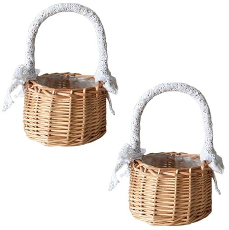 2 Stück Blumenkorb Hochzeit Kinder, Handgeflochtene Blumenkörbe, Kleiner Weidenkorb Mit Henkel Kinder, Picknickkorb Mit Griffen Und Einlagen, Für Hochzeit, Ostern, Party-Dekoration (A, Kleine größe)