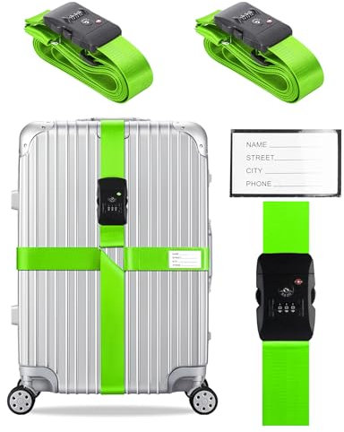 Veki Kreuz Gepäckgurte Kofferband Gurt TSA-Genehmigt mit Schloss Verstellbare Reisekoffergurte Koffergurt mit Namensausweis Packgurte für Koffer (Grün, 2 Stück)