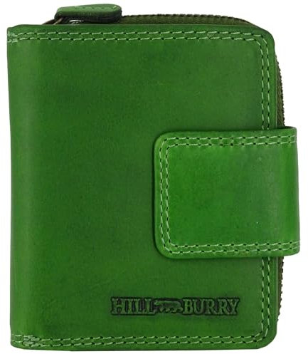 Hill Burry Damen-Geldbörse | Frauen-Portemonnaie echtes Leder Waschleder | Kleine sichere RFID Damengeldbörse | Geldbeutel viele Kredit-Karten-Fächer | Slim-Wallet Münzenfach (Grün ohne Muster)