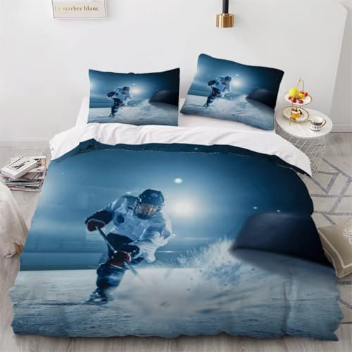 NYSMGS Bettwäsche 135x200 Eishockey Mädchen Jungen Kinder 3D Druck Eishockey Bettbezug Weich 100% Mikrofaser Bettwäsche-Sets 2Teilig mit Reißverschluss und Kissenbezüge 80x80 cm a382