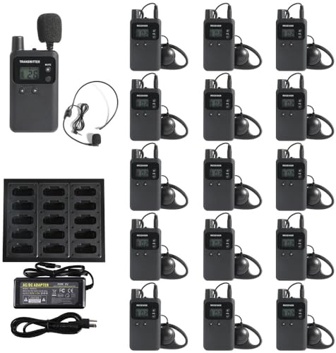 KZH Sistema di Guida Turistica, Tour Guide System Headsets, 150m Audio Radio Guide, Riduzione del Rumore, Sistema di Traduzione della Chiesa per Turistiche, Fabbrica (1 Trasmettitore, 15 Ricevitori)