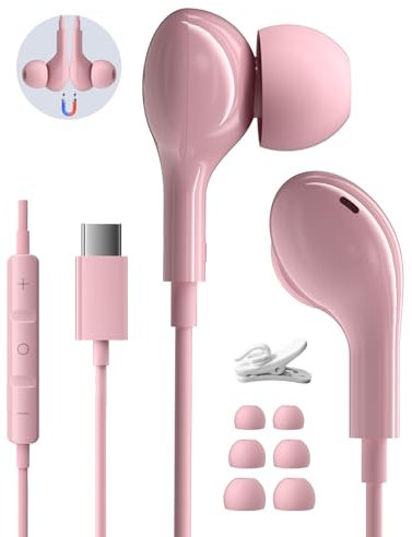 USB C Kopfhörer für iPhone 15 16 Pro Max Plus HiFi Stereo In-Ear Kopfhörer mit Kabel USB C Headset für Samsung Galaxy S24 S23 Ultra S22 S25 A55 A34 A54 5G Pixel 8 7a Xiaomi 14 15 Rosa