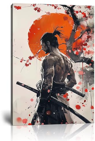 Japanischer Krieger, gepanzerter Samurai-Gemälde, Leinwanddrucke, asiatische Kirschblüte, modernes Aquarellgemälde für Schlafzimmer, Wohnzimmer, Büro, Heimdekoration, gerahmt (61 x 91 cm)