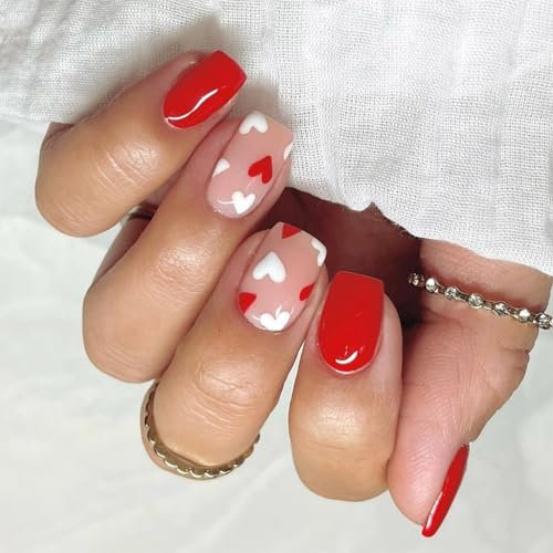 24 Pcs Heart Full Covers False Nails Valentines Day Press On Nails Short Square Stick On Nails Glossy Acrylic Nails