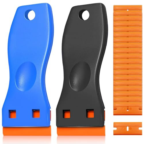 2PCS Plastic Scraper with 20 Plastic Blades – Durable Plastics Scraper Tool Non Scratchs for Stickers, Decals & Adhesive Removal (Two scrapers and 20 Blades)