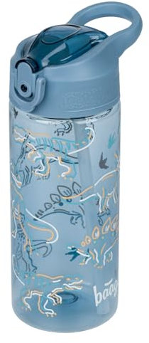 Baagl Kinder Trinkflasche mit Strohhalm für Jungen - Auslaufsicher Wasserflasche - Schule und Sport Fussball Flasche - Tritan Getränkeflasche Schultrinkflasche, 500 ml (Dino)