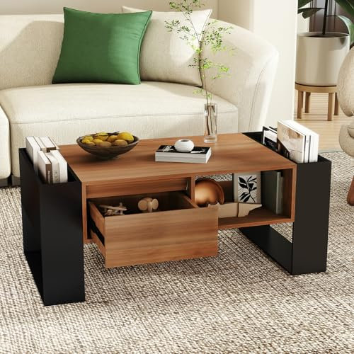 ELECWISH Coffee Table, Coffee Tables for Living Room with Storage Drawer and 2 Shelves, Center Table with Open Display Area, Wooden Tables for Home Small Space, Rustic Brown