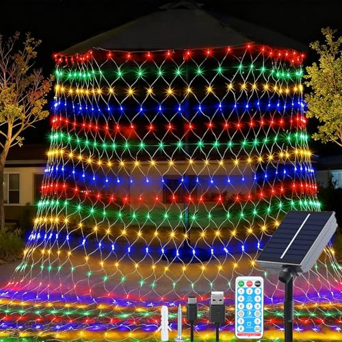 Fonysien Solar Lichternetz Wasserdichte 3 * 2M 192LEDs Lichternetz Lichtervorhang Außen mit Fernbedienung 8 Modi Baum Lichterkette Netz für Garten Fenster Weihnachten Hochzeit