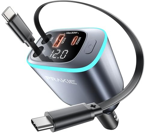 Retractable 4-in-1 Multi Fast Car Charger for iPhone iPad Android Tablets | 65W USB C and USB Ports with Dual Type-C Cables for iPhone 15/16/17 iPad Pro Air Android Devices Tablets, Grey