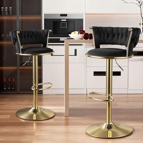 Hawthyhome Barhocker 2er Set, Höhenverstellbar Barstuhl mit Metallrahmen, Ergonomisch Küchenhocker mit geflochtener Rückenlehne für Küche, Hausbar, Gold/Schwarz