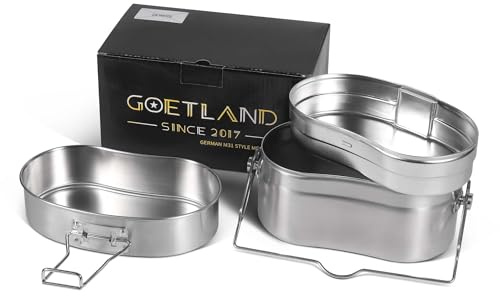Goetland Set di Pentole da Campeggio Militare 3 Pezzi in Acciaio Inox 304 Gavetta Impilabile Stile M31 con Pentola e Padella per Outdoor