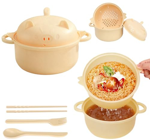 EOAMGO Noodle Bowl with Lid, Ramen Bowl Set, Microwave Noodle Bowl with Chopsticks and Fork, Instant Noodle Pot Soup Bowl, 1200ml Portable Large Ramen Bowl with Pig Salad Bowl, BPA Free (Yellow)