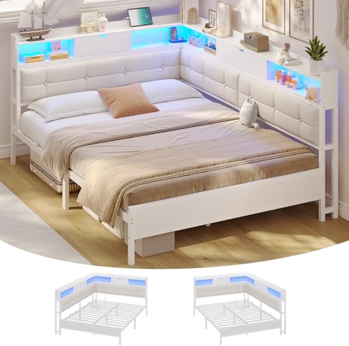 AOGLLATI Polsterbett 140x200 mit 6 Staufächern, LED-Beleuchtung, Steckdosen und USB-Anschluss, Schlafsofa Jugendbett Tagesbett Gästebett Bettgestell mit Lattenrost aus Metall, ohne Matratze, Beige