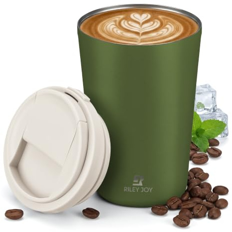 13oz Insulated Travel Coffee Mug, Hot & Iced Coffee Cups with Lids, Green | Leak Proof Stainless Steel Vacuum Insulated Cupholder Friendly BPA-Free One-Touch Open Reusable Portable Coffee Tumbler