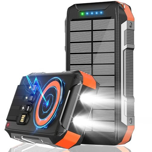 26800mAh Solar Power Bank mit 4 Kabeln,Wireless magnetische Power Bank schnell Ladedende 30W USB C portable Ladegerät 7 Output, Externer Akku mit Taschenlampe für Outdoor Camping Handy Tablets