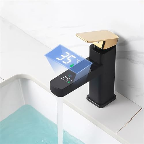 YIHANSS Moderne LED-Badezimmer-Waschtischarmatur mit digitaler Temperaturregelung, Deckmontage, schwarz-goldene Mischbatterien mit heißem und kaltem Wasser, kurz G3/8