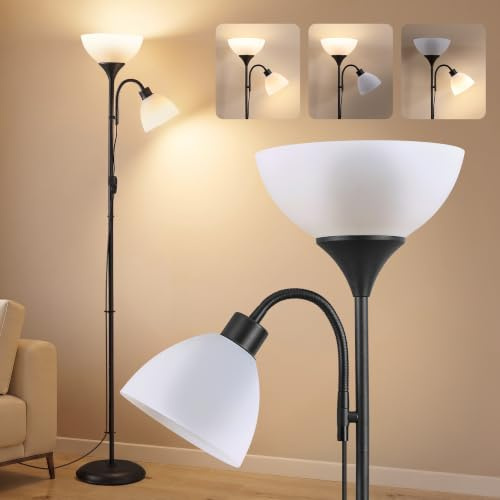 VASAGLE Lámpara de Pie LED de Hierro, sin Bombilla, con Luz de Lectura Ajustable, 38,5 x 23,5 x 176 cm, Negro Mate, para Salón y Oficina, Colección Lusia LFL019B102