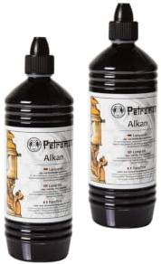 Petromax Alkan 2er Set Lampenöl - 2x 1l Petroleum für Öllampen | Hochgereinigtes Petroleum für Sturmlaternen - geruchsarm & rußfrei - mit Einfüllstutzen & Kindersicherung für Gartenlampen