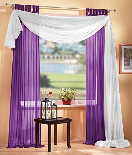 Gardinen Set, 2 x Schlaufenschal Voile, transparent, 245x140, Lila, 1 x Voile Querbehang, Freihanddeko, 140x600, Weiß, 61000560